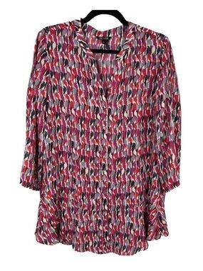 Nic + Zoe Bird Printed Long Sleeve Button Down Tunic Top Medium Red Grey